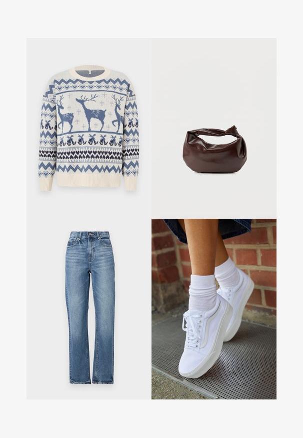 Pull en tricot avec un fond crème orné de rennes bleus et de motifs géométriques. Poignets et ourlet côtelés. Texture douce.; Jean en denim bleu clair avec taille haute, coupe droite, peu d'effritement et style classique à cinq poches. Fermeture à bouton en bronze.; Baskets en toile blanches avec semelles en caoutchouc, dotées de six œillets, d'un bout rond et de détails de couture légers, portées avec des chaussettes blanches mi-mollet.; Sac bandoulière en cuir marron foncé avec une forme souple et décontractée et une anse nouée torsadée sur un fond blanc uni.