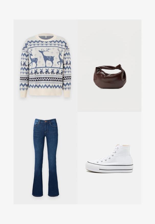 Gebreide trui met een crèmekleurige achtergrond, versierd met blauwe rendieren en geometrische patronen. Geribbelde manchetten en onderrand. Zachte textuur.; Uitlopende blauwe denim jeans met een middelhoge taille, voorzien van voor- en achterzakken, oranje stiksels en een knoopsluiting.; Witte hoge sneakers van canvasmateriaal, zwarte rubberen zool en contrasterende zwarte streep op de tussenzool. Circulaire neus en vetersluiting.; Donkerbruine leren schoudertas met een zachte, slungelige vorm en een gedraaide knoopvormige handgreep op een effen witte achtergrond.