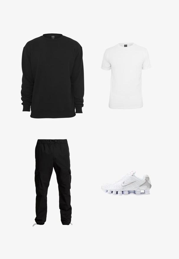 Schwarzer Sweatshirt mit Rundhalsausschnitt und langen Ärmeln, aus Baumwollmischgewebe. Verfügt über gerippte Bündchen und Saum, eine weiche Textur und eine lockere Passform.; Weißes T-Shirt mit kurzen Ärmeln, aus Baumwolle, mit Rundhalsausschnitt und glatter Textur, entworfen für lässige Kleidung.; Schwarze Cargo-Hosen aus strapazierfähigem Stoff, mit elastischem Bund, verstellbaren Kordeln und Seitentaschen mit Klappen.; Weiße Sportschuhe mit einer strukturierten Oberseite, einem silbernen Swoosh-Logo, Mesh-Einsätzen und einer markanten, segmentierten weißen Sohle.