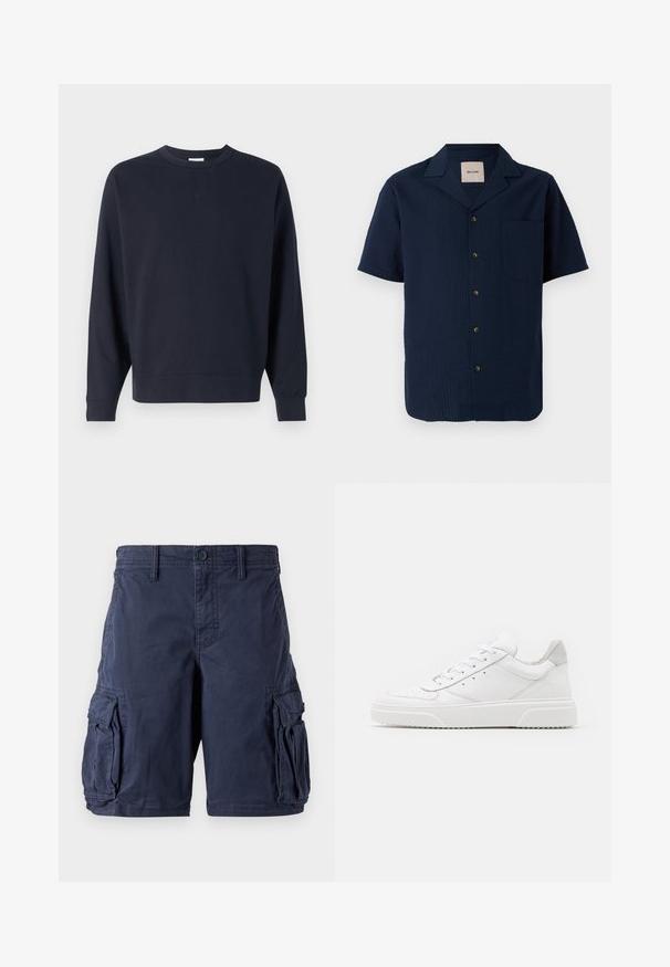 Sweatshirt bleu marine en coton, avec un col rond, des manches longues, des poignets côtelés et un design simple sans graphiques visibles.; Chemise à manches courtes bleu marine avec un motif texturé, fermeture à boutons et une poche poitrine unique. Le matériau semble léger et respirant.; Shorts cargo bleu marine en coton. Ils disposent de plusieurs poches latérales, d'une fermeture à bouton et d'une coupe décontractée. Texture lisse et design durable.; Des baskets en cuir blanc avec une finition lisse, un bout rond, des lacets plats et une semelle texturée. Accents en daim gris au niveau du talon.