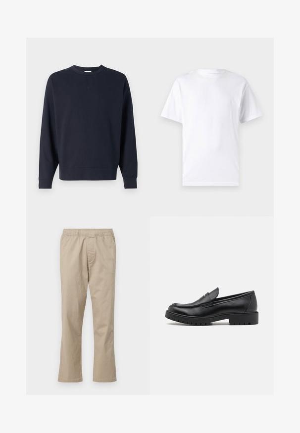 Marineblå sweatshirt lavet af bomuld, med rund hals, lange ærmer, ribbede manchetter og et simpelt design uden synlige grafikker.; Hvid kortærmet t-shirt lavet af bomuld med rund hals, der har en glat tekstur og et simpelt design uden mønstre eller accenter.; Beige bomuldsbukser med elastisk talje, lige ben-design og sidelommer, med en glat tekstur og uden mønstre.; Sorte læder loafers med rund tå, slip-on design og tyk gummisål med tekstureret greb. Forhøjet hæl og subtile syninger.