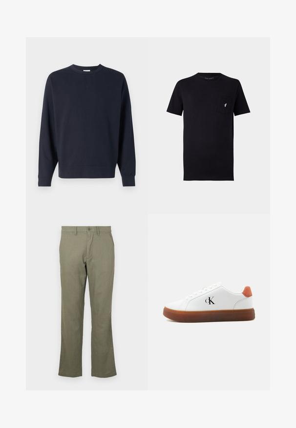 Dunkelblaues Sweatshirt aus Baumwolle mit Rundhalsausschnitt, langen Ärmeln, gerippten Bündchen und einem einfachen Design ohne sichtbare Grafiken.; Schwarzes Baumwoll-T-Shirt mit kurzen Ärmeln, rundem Halsausschnitt und einer Brusttasche mit einem kleinen weißen Vogel-Logo. Weicher Stoff und einfaches Design.; Lässige olivgrüne Hose aus einem weichen Stoff. Mit geradem Beinschnitt, Fronttaschen und Knopfverschluss. Keine sichtbaren Muster.; Weißer Sneaker mit brauner Sohle, orangefarbenem Fersenlasche, Schnürsenkeln und "cK"-Logo an der Seite.