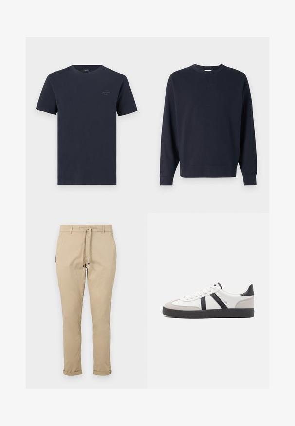 Sweatshirt bleu marine en coton, avec un col rond, des manches longues, des poignets côtelés et un design simple sans graphiques visibles.; T-shirt en coton bleu marine avec un col rond, des manches courtes et un petit logo de marque gris sur la poche gauche. Texture lisse.; Pantalons beiges à cordon de serrage avec une coupe fuselée, dotés de poches latérales et de bas de jambes resserrés pour un design épuré. Fabriqués en tissu léger.; Baskets blanches avec des accents noirs et gris, présentant un embout texturé gris, une semelle en caoutchouc noir et des lacets plats blancs. Design épuré, style minimaliste.