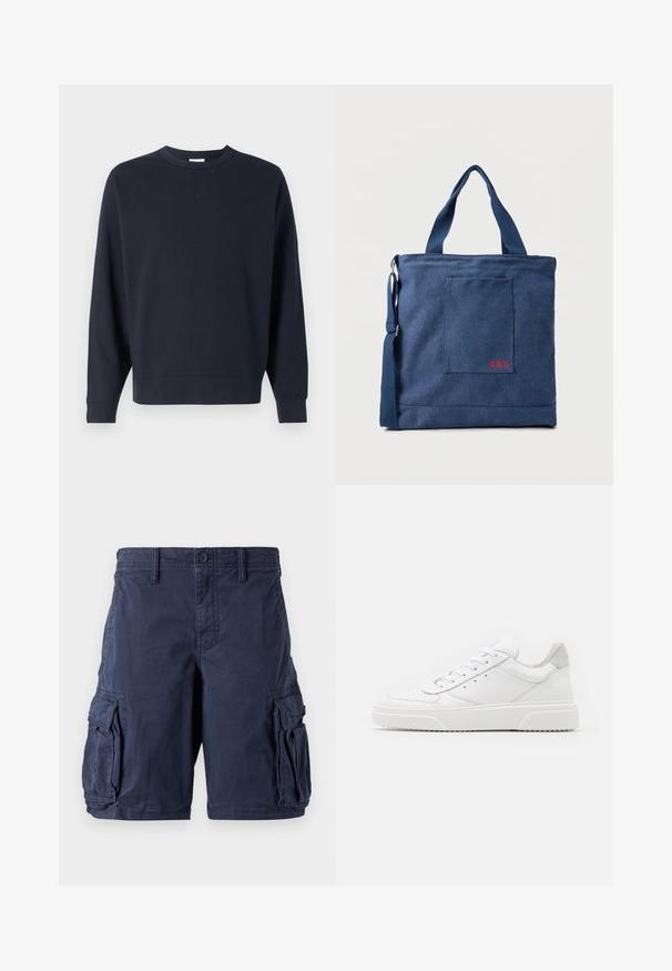 Marineblå sweatshirt lavet af bomuld, med rund hals, lange ærmer, ribbede manchetter og et simpelt design uden synlige grafikker.; Mørkeblå cargo shorts lavet af bomuld. Har flere sidelommer, knappelukning og en afslappet pasform. Glat tekstur og holdbart design.; Hvide lædersneakers med en glat finish, rund tå, flade snørebånd og en struktureret sål. Grå ruskindsdetalje ved hælen.; Blå lærredstote taske med frontlomme og rød "O.N.S" broderi, med to håndtag og en justerbar skulderrem.