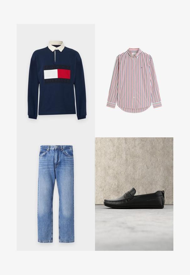 Marineblå langærmet rugbytrøje med hvid krave og stort Tommy Hilfiger-logo i rød, hvid og marineblå på brystet.; Skjorte med lange ærmer og knapper med røde, marineblå og hvide lodrette striber og et lille logo på brystet.; Lyseblå denimjeans med lige ben, fem lommer, kontrasttråd og en let slidt finish. Knap- og lynlåslukning.; Sort læder loafersko svæver over beige tæppe med buet ravbrun møbelgenstand i baggrunden.