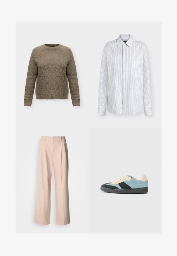 Pull à manches longues à col rond en tissu taupe texturé avec une coupe légèrement ample, présenté sur un fond blanc uni.; Chemise blanche à manches longues avec fines rayures verticales noires et une poche poitrine à l'avant.; Pantalon à jambes larges en tissu rose clair, avec plis avant, taille haute et texture lisse. Design simple sans motifs visibles.; Baskets basses en suède bleu clair, vert foncé et beige avec semelle noire et lacets beiges, présentées de l'extérieur.