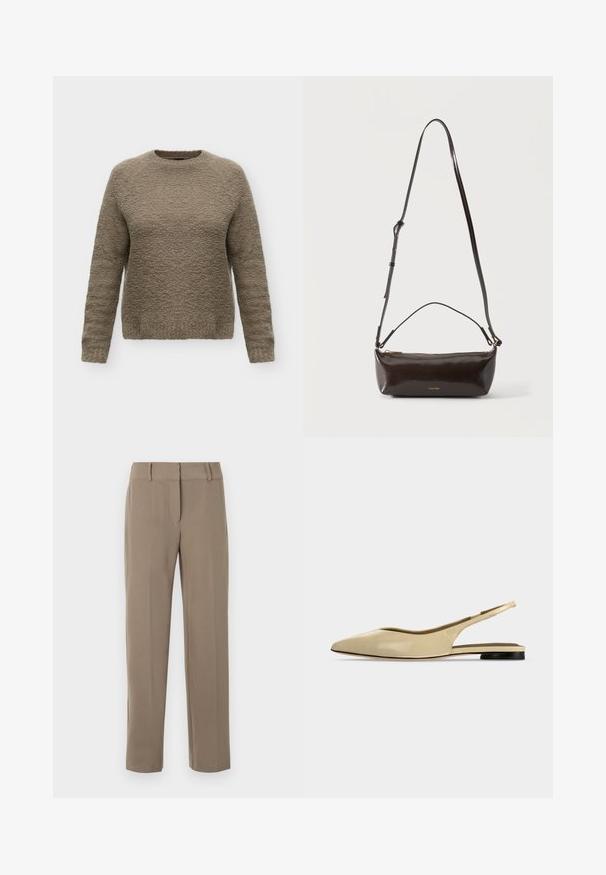 Langärmeliger Pullover mit Rundhalsausschnitt aus strukturiertem Taupe-Stoff mit leicht lockerem Sitz, dargestellt auf weißem Hintergrund.; Khakifarbene, gerade geschnittene Hose mit Gürtelschlaufen und einem vorderen Reißverschluss auf weißem Hintergrund.; Beiger Slingback-Ballerina mit spitzer Kappe, niedrigem schwarzem Absatz und glattem Lederfinish, seitlich auf einfarbigem Hintergrund gezeigt.; Kleine glänzende dunkelbraune Leder-Schultertasche mit verstellbarem Riemen, Tragegriff oben und goldfarbenem Reißverschluss.