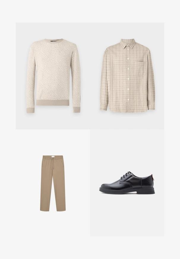 Suéter beige con tejido texturizado, que presenta un patrón de "Los Ángeles" en toda la prenda. Puños y dobladillo acanalados. Cuello redondo.; Camisa de botones en beige claro, con un patrón de cuadros, mangas largas, un bolsillo en el pecho y un diseño de cuello regular.; Pantalones elásticos beige con cintura elástica y cordón, que cuentan con dos bolsillos laterales y un diseño de pierna recta. Textura suave.; Zapatos de piel negra con cordones, textura lisa, puntera redondeada y detalles sutiles de costura. Cuentan con una lengüeta roja en el talón.