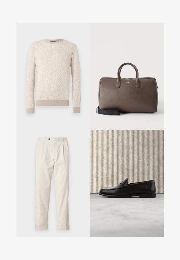 Pull beige avec un tricot texturé, arborant un motif "Los Angeles" sur l'ensemble. Poignets et ourlet côtelés. Encolure ronde.; Pantalons crème avec une coupe ajustée, présentant une fermeture à un bouton, un devant plissé et des ourlets à revers. Fabriqués en tissu léger.; Mocassin penny en cuir noir avec talon bas, bout arrondi et détails cousus à l'avant et sur les côtés, présenté sur un fond neutre.; Sac de sport en cuir marron avec deux poignées, une bandoulière noire réglable et un petit logo "BOSS" au centre à l'avant.