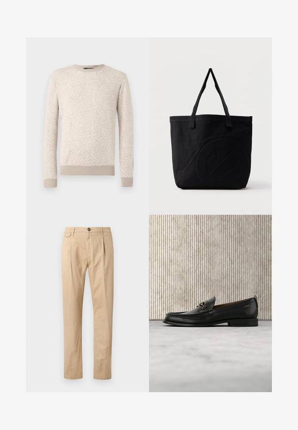 Pull beige avec un tricot texturé, arborant un motif "Los Angeles" sur l'ensemble. Poignets et ourlet côtelés. Encolure ronde.; Pantalons en coton beige à jambe droite pour homme, avec poches avant, passants de ceinture, fermeture à bouton et zip, sur fond blanc.; Mocassin en cuir noir avec mors en métal doré et logo "HUGO", présenté sur un tapis beige et un meuble translucide marron.; Sac fourre-tout en toile noire avec deux bandoulières et un motif circulaire discret en relief sur le devant.