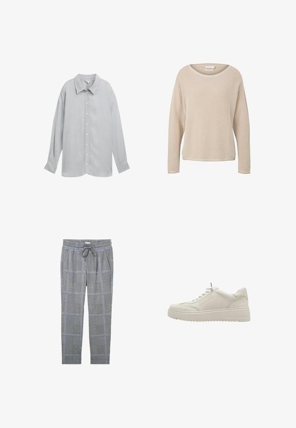 Beige langærmet striktrøje med rund hals og tekstureret mønster, lavet af økologisk bomuld fra Tom Tailor.; Grå langærmet skjorte med knaplukning og krave, lavet af letvægtsstof og med en subtil tekstur samt hvide knapper.; Grå plaid bukser med snøre i livet, lavet af et tekstureret stof og med sidelommer. Mønstret inkluderer små og store tern.; Hvid lædersneaker med tyk sål, rund tå, snørelukning foran og diskret logodetalje på siden, med en tekstureret finish.