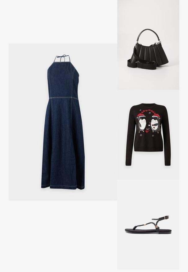 Schwarzer Pullover mit zwei paillettenbesetzten Pinguinen, die Weihnachtsmützen tragen und ein Geschenk austauschen, umgeben von roten Herzen und Schneeflocken.; Dunkelblaues Denim-Halterneck-Kleid mit weißen Nähten, oben eng anliegend und zum Saum hin ausgestellt.; Schwarze flache Sandalen mit geflochtenen Riemen und metallischem Akzent. Verfügt über eine verstellbare Schnalle und eine flache Gummisohle für Komfort.; Schwarze, gefaltete Handtasche mit einem runden Griff, verstellbarem Schulterriemen und glänzender Textur. Verfügt über silberne Hardware und eine strukturierte Silhouette.