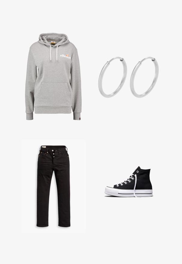 Ellesse NOREO - Sweat à capuche - grey; Jean noir à jambe droite avec fermeture à boutons, poches avant et arrière, et détails en rivets cuivrés sur fond blanc.; Baskets montantes en toile noire avec semelle en caoutchouc blanche et lacets blancs, vues de côté sur un fond blanc.; Boucles d'oreilles en argent, de forme circulaire, avec une texture lisse et brillante, et une largeur constante. Design minimaliste sans accents supplémentaires.