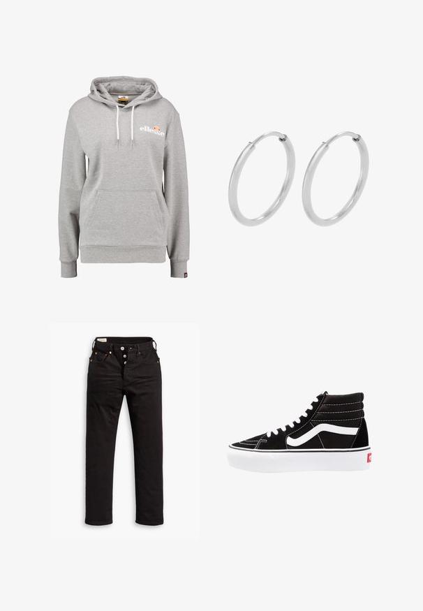 Ellesse NOREO - Hoodie - grey; Zwarte rechtlopende jeans met knoopsluiting, voor- en achterzakken, en koperen klinknagels op een witte achtergrond.; Zwarte high-top sneakers met witte veters, een wit logo en contrasterende witte stiksels. Heeft een dikke witte zool en een bovenwerk van gestructureerd suede.; Zilveren hoepeloorbellen, cirkelvormig, met een gladde glanzende textuur en een constante breedte. Minimalistisch ontwerp zonder extra accenten.