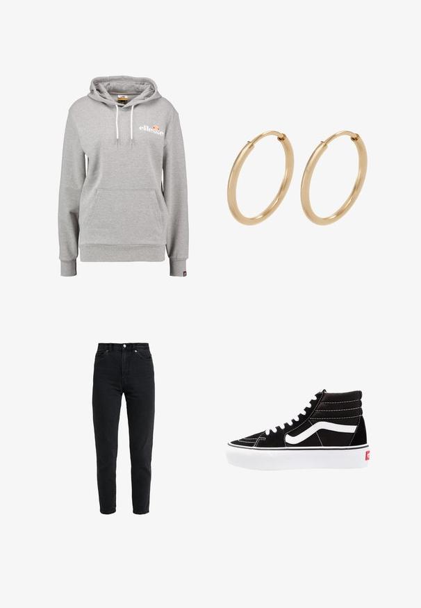 Ellesse NOREO - Hoodie - grey; High-waist zwarte spijkerbroek met voorste knoop en rits, twee voorzakken en taps toelopende pijpen op een witte achtergrond.; Zwarte high-top sneakers met witte veters, een wit logo en contrasterende witte stiksels. Heeft een dikke witte zool en een bovenwerk van gestructureerd suede.; Gouden creolen met een gladde, gepolijste afwerking. Ronde vorm, middelgrote maat, met een veilige sluitmechanisme.