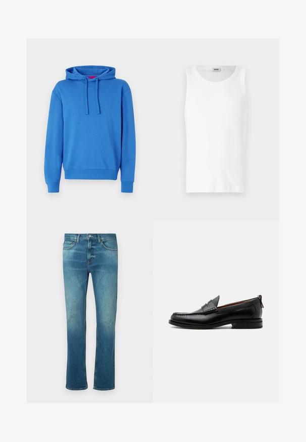 Blaues Hoodie aus Baumwollmischung mit Kapuze mit Kordelzug, gerippten Bündchen und Saum. Hat ein dezentes Logo auf der Vorderseite. Glatte Textur.; Weißes Baumwoll-Tanktop ohne Ärmel mit Rundhalsausschnitt und glatter Textur. Einfaches Design, ohne Muster oder Akzente.; Blaue Jeans aus Denim mit geradem Schnitt, ausgestattet mit einem leichten Verwaschungseffekt, leichten Abnutzungen an den Knien und klassischem Fünf-Taschen-Design.; Schwarzer Leder-Herrenschuh mit Mokassinnaht, Penny-Riemen, strukturiertem Kragen und niedrigem gestapeltem Absatz auf weißem Hintergrund.