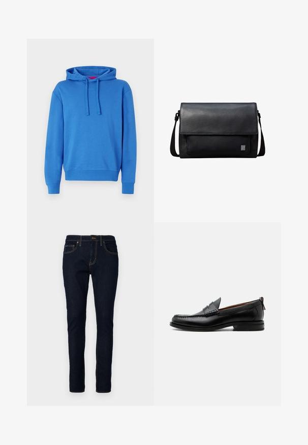 Blaues Hoodie aus Baumwollmischung mit Kapuze mit Kordelzug, gerippten Bündchen und Saum. Hat ein dezentes Logo auf der Vorderseite. Glatte Textur.; Dunkelblaue Jeans aus Denim im Slim-Fit, mit gestickten Details, fünf Taschen und einem Knopfverschluss an der Taille.; Schwarzer Leder-Herrenschuh mit Mokassinnaht, Penny-Riemen, strukturiertem Kragen und niedrigem gestapeltem Absatz auf weißem Hintergrund.; Schwarze Leder-Umhängetasche mit Frontklappe, verstellbarem Schultergurt und kleinem quadratischem Metalllogo in der unteren rechten Ecke.