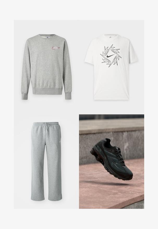Lysegrå crewneck-sweatshirt med lange ærmer og lille rød og hvid Nike-logo på venstre bryst.; Hvid kortærmet Nike T-shirt med sort abstrakt cirkulært design og centralt Nike swoosh-logo foran.; Grå bomulds sweatpants med elastisk talje, snorelukning og lige ben. Har et lille logo på den øverste venstre side.; Sort atletisk sneaker med synligt luftdæmpende mellemsål, der svæver over en pink stenoverflade med en grå stenvæg i baggrunden.