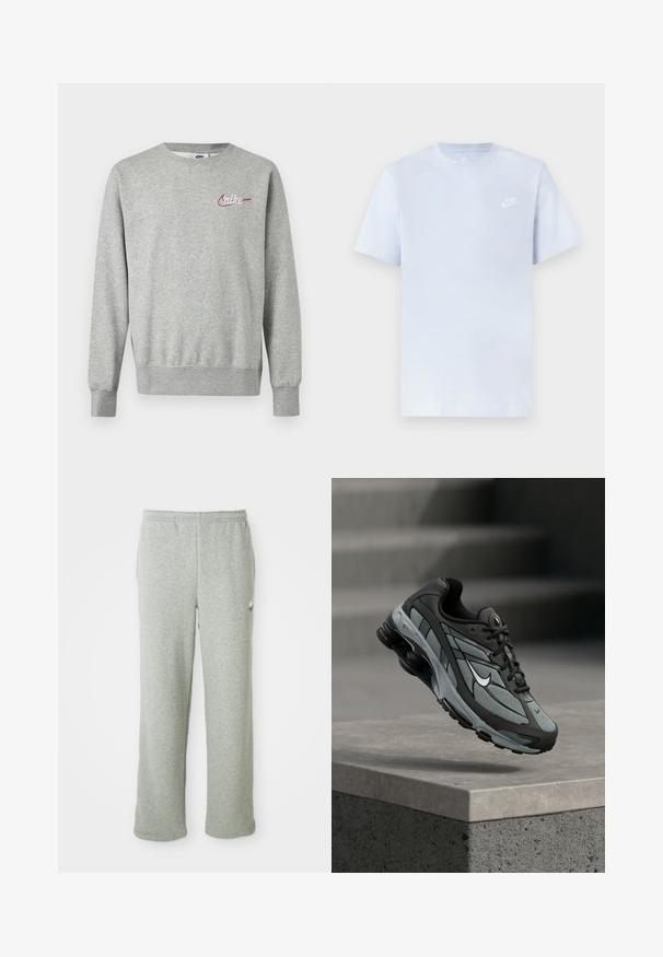 Lichtgrijze crewneck trui met lange mouwen en een klein rood-wit Nike-logo op de linkerborst.; Lichtblauwe katoenen t-shirt met korte mouwen, ronde hals en een wit Nike-logo gedrukt op de linkerborst. Glad textuur, eenvoudig ontwerp.; Grijze sweatpants van een zachte katoenmix, met een elastische tailleband, recht model en een klein logo aan de linkerkant.; Grijze en zwarte sportieve sneaker met meshpanelen en dikke zool, zwevend in de lucht boven een betonnen richel met trappen op de achtergrond.