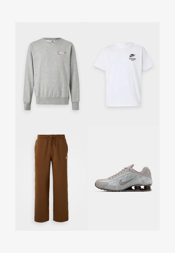Svetlosivá mikina s okrúhlym výstrihom, dlhými rukávmi a malým červeno-bielym logom Nike na ľavej strane hrudníka.; Biele tričko Nike s krátkym rukávom s čiernym logom "Nike" a textom "Authorized Personnel Only" na ľavej strane hrudníka.; Hnedé tepláky vyrobené z mäkkého materiálu, s elastickým pásom na šnúrku, bočnými vreckami a bielym logom na ľavej strane.; Běžecká obuv Nike ve světle šedé barvě s hladkým povrchem, zakřiveným designem a viditelnými odpružovacími pružinami v tmavě hnědé barvě na patě.