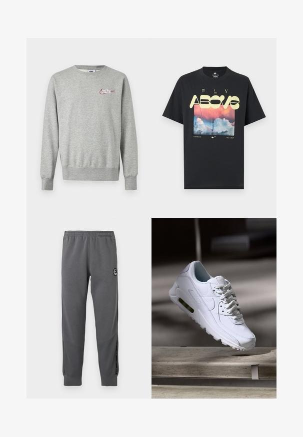 Helehall halli pikkade varrukatega pusa ümar kaelusega, vasakul rinnal väike punane ja valge Nike logo.; Mustast puuvillast T-särk, millel on pilte pilvedest, roosast ja sinisest taevast ning laiade kollaste tähtedega tekst "LEND ÜLE" ja "PIIRANGUT EI OLE."; Hallid hallid dressipüksid, mis on valmistatud pehmest kangast, elastse vöökoha, kitsenevate jalgade, külgpaneelide ja ümmarguse logo plaastri abil.; Valge nahast tennisete õhustuskujuga pinnad, pehmendustega krae ja nähtav õhuklapp tallas. Omab paelu ja minimaliseeritud disaini.