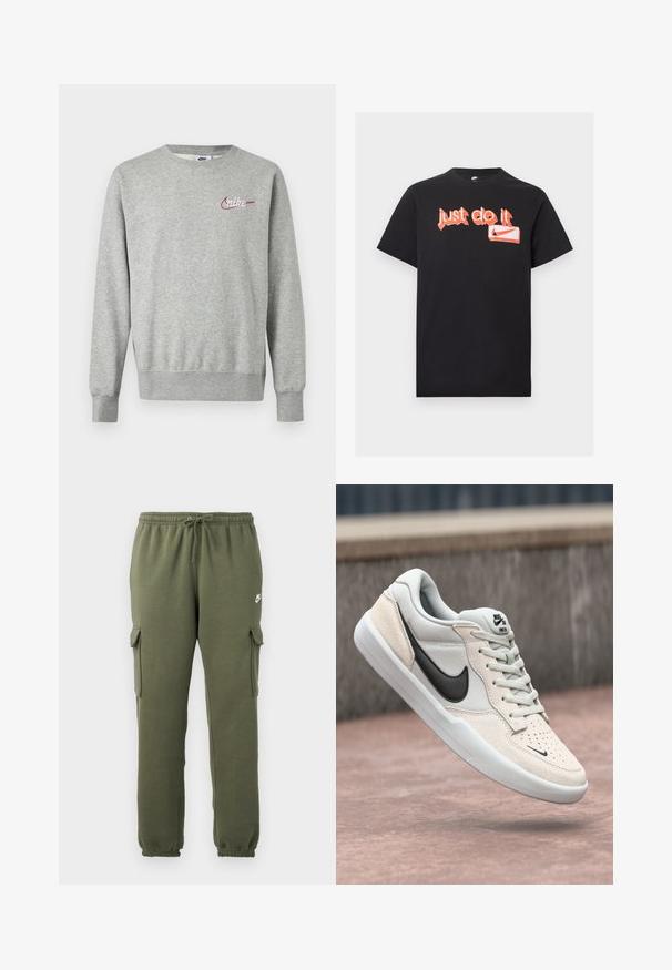 Lysegrå crewneck-sweatshirt med lange ærmer og lille rød og hvid Nike-logo på venstre bryst.; Sort kortærmet Nike T-shirt med orange graffiti-style "Just do it" tekst og Nike swoosh logo foran.; Oliven grønne cargo bukser med elastisk talje, snorelukning, sidelommer og brandet logo på låret. Glat bomuldsblanding.; Nike SB sneakers i lys grå og creme, med en overdel i ruskind, sort swoosh, strukturerede detaljer og hvid gummisål.