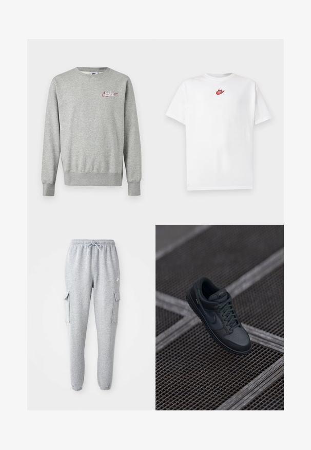 Helehall halli pikkade varrukatega pusa ümar kaelusega, vasakul rinnal väike punane ja valge Nike logo.; Valge lühikeste varrukatega T-särk, millel on ees kaeluse lähedal keskel väike punane naerunäo logo.; Hallid hallid dressipüksid, mis on valmistatud pehmest kangast ja millel on elastne vöökoht koos nööridega, kaks külgset kottide taskut ja kitsenevad sääred.; Mustmustest Nike tennis jalan mustast mustasturg. Rondoe metallin unned on puasitugen. Draagest ja väheline brändimine.