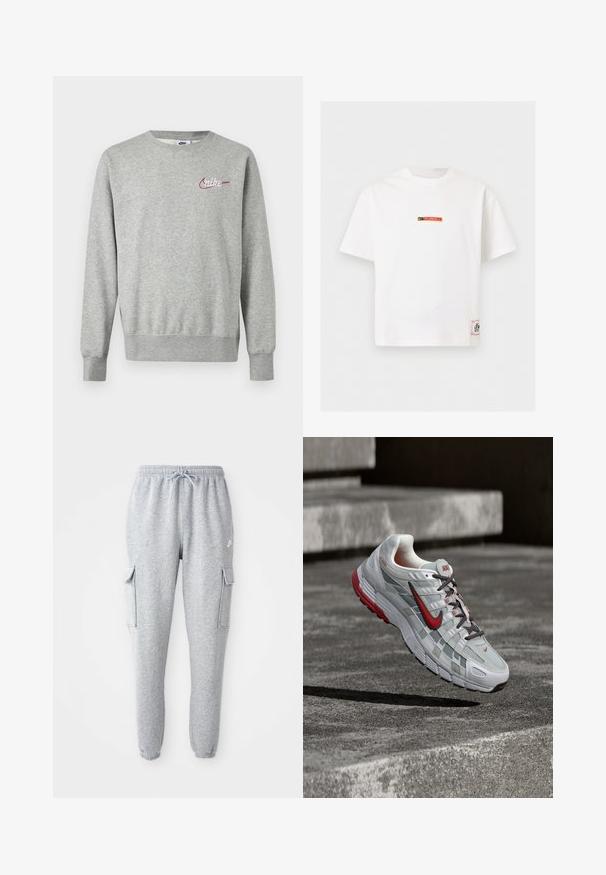 Sweat-shirt gris clair à col rond avec manches longues et petit logo Nike rouge et blanc sur le côté gauche de la poitrine.; T-shirt blanc à manches courtes Nike avec un petit logo "Fussball" noir et rouge sur la poitrine et une étiquette rectangulaire près de l'ourlet inférieur.; Pantalons de survêtement gris en tissu doux, avec une taille élastique à cordon de serrage, deux poches cargo sur les côtés et des poignets ajustés.; Chaussure de course Nike blanche et grise avec des accents rouges et des lacets noirs, suspendue au-dessus de marches en béton gris.