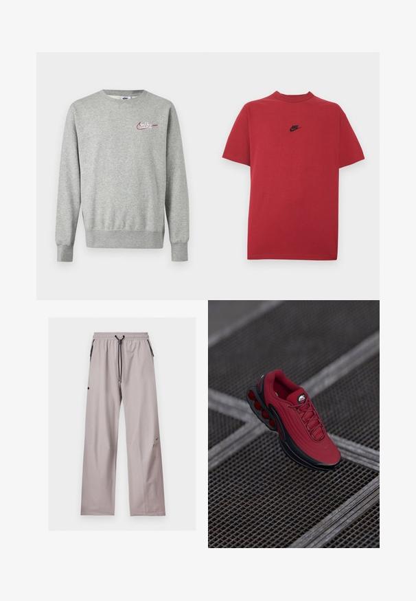 Hellgraues Sweatshirt mit Rundhalsausschnitt, langen Ärmeln und kleinem roten und weißen Nike-Logo auf der linken Brust.; Rotes Baumwoll-T-Shirt mit schwarzem Nike-Logo auf der Brust, kurzen Ärmeln, rundem Ausschnitt und normaler Passform. Glatte Textur.; Hellgraue locker sitzende Hose mit elastischem Bund, schwarzer verstellbarer Kordel und seitlichen Taschen mit schwarzen Reißverschlussdetails.; Rote Sneaker mit strukturiertem Obermaterial, ausgestattet mit schwarzen Akzenten und einem auffälligen Luftpolstersohlen-Design. Schnürsenkel und Logo sind oben sichtbar.