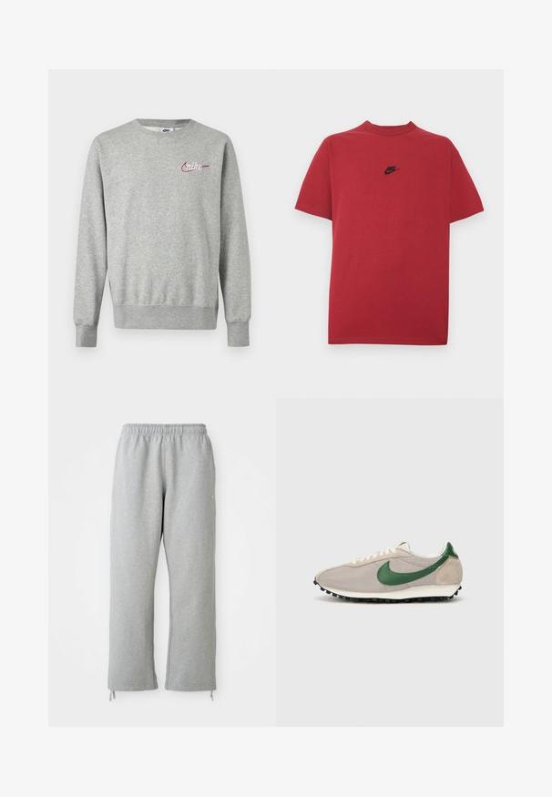 Lysegrå crewneck-sweatshirt med lange ærmer og lille rød og hvid Nike-logo på venstre bryst.; Rød bomuld t-shirt med et sort Nike-logo på brystet, korte ærmer, rund halsudskæring og almindelig pasform. Glat tekstur.; Grå sweatpants med elastisk talje, lige ben og snoretræk ved kanten. Fremstillet af blødt, struktureret stof.; Beige løbesko med grønne ruskindsdetaljer, struktureret mesh-overdel, cremefarvede snørebånd og sort gummisål med trækkraftsstifter.