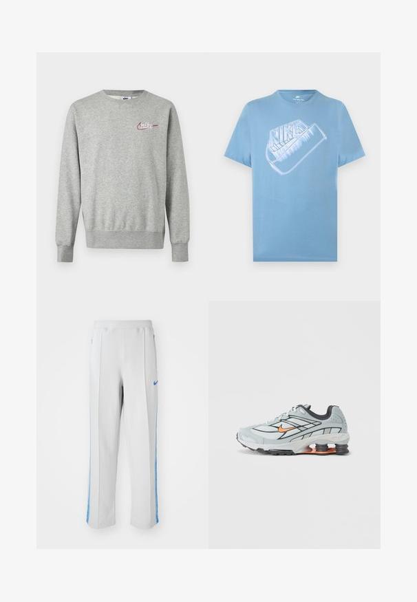 Lichtgrijze crewneck trui met lange mouwen en een klein rood-wit Nike-logo op de linkerborst.; Lichtblauw Nike T-shirt met korte mouwen en een groot gestileerd wit Nike-logo en swoosh-beeld op de borst.; Lichtgrijze sportbroek met blauwe zijstrepen, met een relaxte pasvorm, elastische tailleband en ritszakken. Nike-logo aan de voorkant.; Lichtgrijze hardloopschoen met zwarte accenten, oranje logo, bovenwerk van mesh, gevoerde kraag en rubberen zool met zichtbare schokabsorberende elementen.