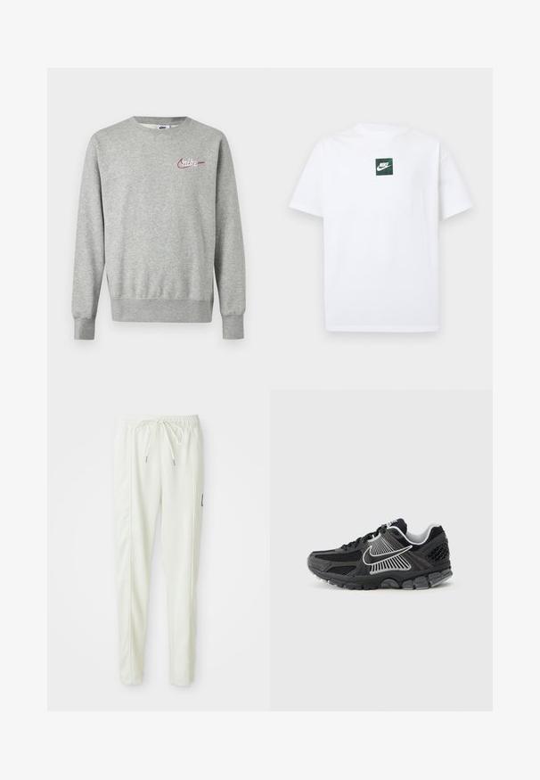Hellgraues Sweatshirt mit Rundhalsausschnitt, langen Ärmeln und kleinem roten und weißen Nike-Logo auf der linken Brust.; Weißes Nike-T-Shirt mit kurzen Ärmeln, versehen mit einem kleinen grünen quadratischen Logo, das den Nike-Swoosh und Text in der Brustmitte zeigt.; Weiße, körpernahe Jogginghose mit elastischem Bund und Kordelzug, ausgestattet mit seitlichen Nähten und einem kleinen schwarzen Patch am rechten Bein.; Schwarzer Sportschuh mit Mesh-Einsätzen und synthetischen Akzenten. Verfügt über eine abgerundete Zehenpartie, eine dicke gepolsterte Sohle und kontrastreiche weiße Logodetails.