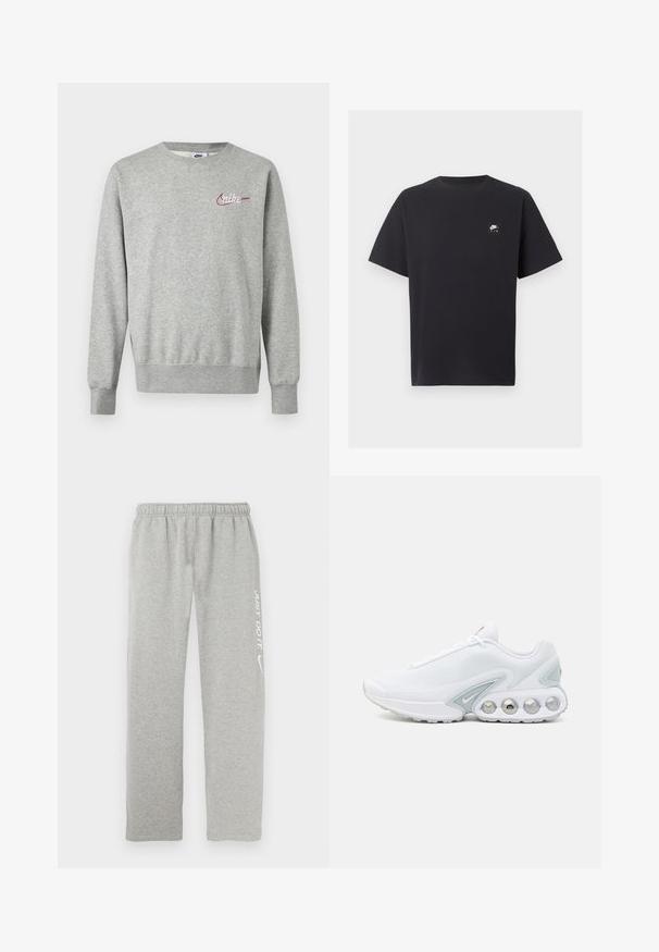 Hellgraues Sweatshirt mit Rundhalsausschnitt, langen Ärmeln und kleinem roten und weißen Nike-Logo auf der linken Brust.; Schwarzes Nike Air T-Shirt mit kurzen Ärmeln, Rundhalsausschnitt und kleinem weißen Logo auf der linken Brust.; Graue Jogginghose aus weichem Material mit elastischem Bund. Auf einem Bein befinden sich der weiße Schriftzug "JUST DO IT" und das Nike-Swoosh-Logo.; Weißer Mesh-Sneaker mit grauen Akzenten, runder Zehenpartie und sichtbarem, gepolstertem Schuhsohlenbereich mit runden Luftpolstern und Markenlogo.