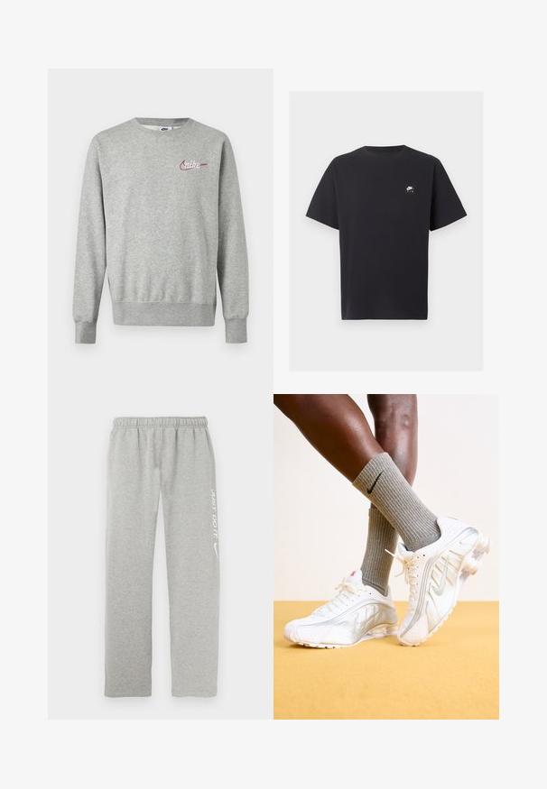 Lysegrå crewneck-sweatshirt med lange ærmer og lille rød og hvid Nike-logo på venstre bryst.; Sort Nike Air T-shirt med korte ærmer, rund halsudskæring og lille hvidt logo på venstre bryst.; Grå joggingbukser lavet af blødt materiale med elastisk taljebånd. Har en hvid "JUST DO IT" tekst og Nike swoosh-logo på det ene ben.; Nike sneakers i hvid med sølv accenter, der har teksturerede paneler og perforeringer. Sammen med grå ribbede sokker, sat mod en gul baggrund.