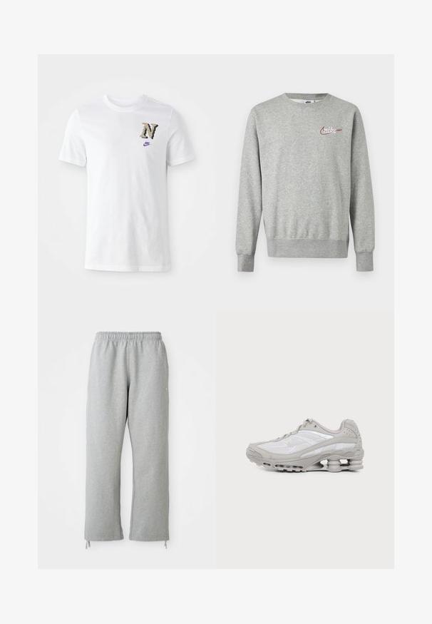 Sweat-shirt gris clair à col rond avec manches longues et petit logo Nike rouge et blanc sur le côté gauche de la poitrine.; T-shirt en coton blanc avec un logo "N" au motif camouflage et un petit swoosh Nike violet sur la poitrine. Design classique à col rond.; Pantalon de survêtement gris avec une taille élastique, des jambes droites et des accents de cordon de serrage à l'ourlet. Fabriqué à partir d'un tissu doux et texturé.; Baskets de sport grises et blanches avec semelle à coussin d'air visible et panneaux en mesh, présentées de profil sur un fond clair uni.