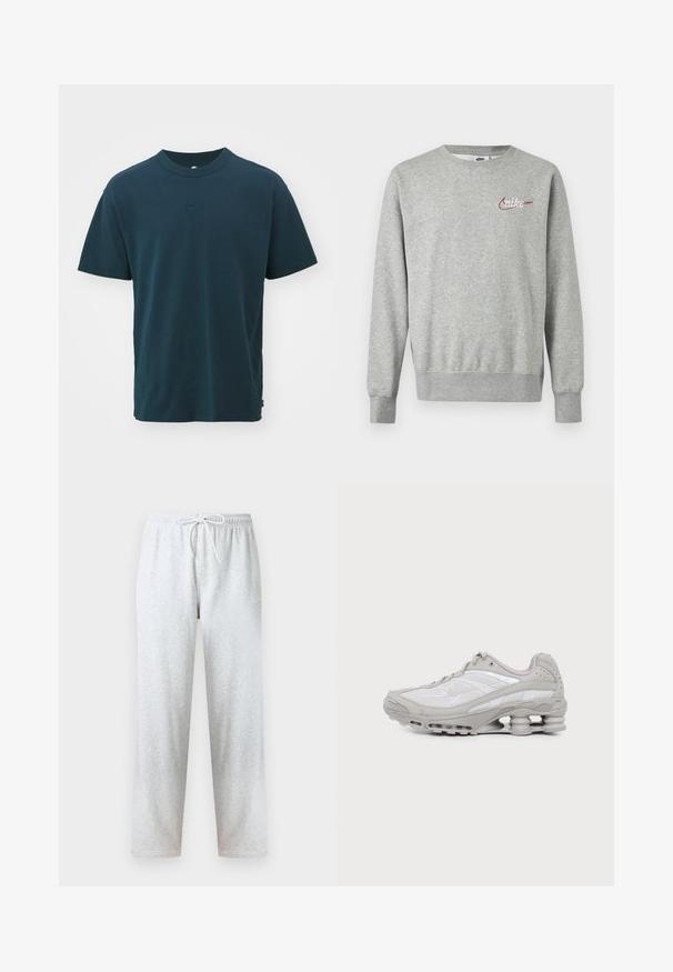 Hellgraues Sweatshirt mit Rundhalsausschnitt, langen Ärmeln und kleinem roten und weißen Nike-Logo auf der linken Brust.; Nike Sportswear T-Shirt basic - armory navy; Graue Jogginghose aus weichem Stoff, mit elastischem Bund und Kordelzug sowie geraden Beinen. Keine Muster oder Verzierungen sichtbar.; Grauer und weißer Sportschuh mit sichtbarer Luftpolstersohle und Mesh-Einsätzen, im Profil auf einfachem hellem Hintergrund gezeigt.