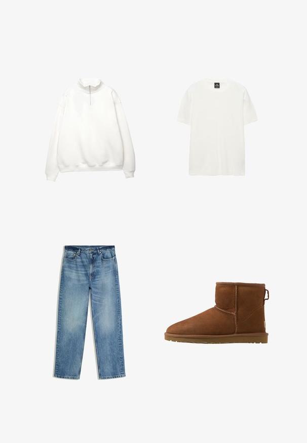 Pull blanc à manches longues avec poignets et ourlet côtelés, doté d'un col montant et d'une fermeture éclair frontale sur un quart.; T-shirt blanc uni en coton à manches courtes avec col rond et étiquette de marque noire à l'intérieur du col.; Jean en denim bleu clair à coupe droite avec poches avant, passants de ceinture, fermeture par bouton et zones décolorées sur les cuisses et les genoux.; Bottines en daim marron avec un bout arrondi, des accents cousus et une semelle en caoutchouc. Présente un tirette à l'arrière pour un enfilage facile.