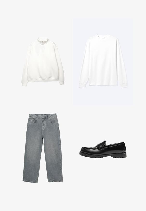 Pull blanc à manches longues avec poignets et ourlet côtelés, doté d'un col montant et d'une fermeture éclair frontale sur un quart.; Chemise blanche unie à manches longues avec col rond et poignets côtelés, présentée sur un fond clair neutre.; Pantalon en denim gris clair avec coupe droite, cinq poches et braguette à boutons. Présente un logo discret sur la ceinture avant.; Mocassin en cuir noir avec une semelle en caoutchouc épaisse et un détail classique de bride à monnaie, vu de côté extérieur.