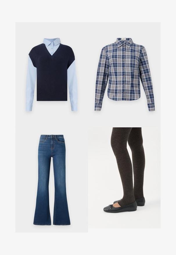 Chaleco de punto azul marino con escote en V sobre una camisa de botones azul claro. Presenta mangas cortas y una textura suave, con materiales en contraste.; Camisa de botón de manga larga a cuadros en azul y blanco con cuello y botones marrones, exhibida plana sobre un fondo blanco.; Jeans de denim acampanados hechos de un material de algodón de peso medio, con un lavado azul profundo, costuras en contraste y un diseño tradicional de cinco bolsillos.; Piernas con leggings oscuros acanalados combinados con bailarinas negras que presentan pequeños detalles de lazo sobre un fondo blanco.