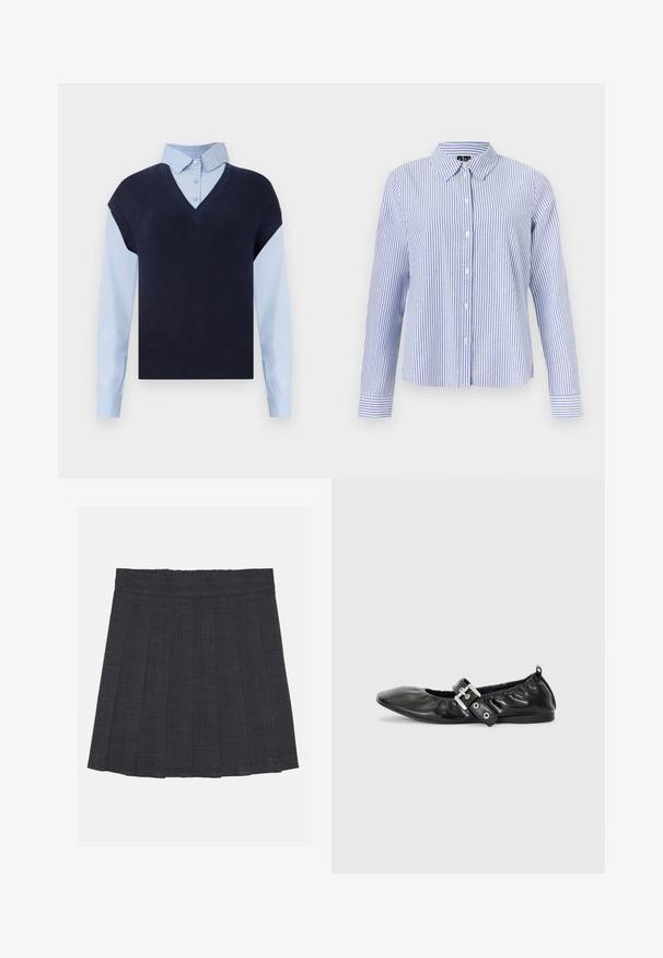 Gilet en tricot bleu marine à col en V sur une chemise boutonnée bleu clair. Il présente des manches courtes et une texture lisse, avec des matières contrastantes.; Chemise à manches longues boutonnée, avec des rayures verticales blanches et bleu clair et un col pointu, présentée sur un fond uni.; Jupe plissée gris foncé avec une taille élastique, dotée d'un tissu texturé et d'une silhouette A-line classique. Convient pour une tenue décontractée.; Chaussure plate en cuir noir avec un nez pointu, des détails froncés autour de l'ouverture et un accent en boucle argentée sur la bride ajustable.