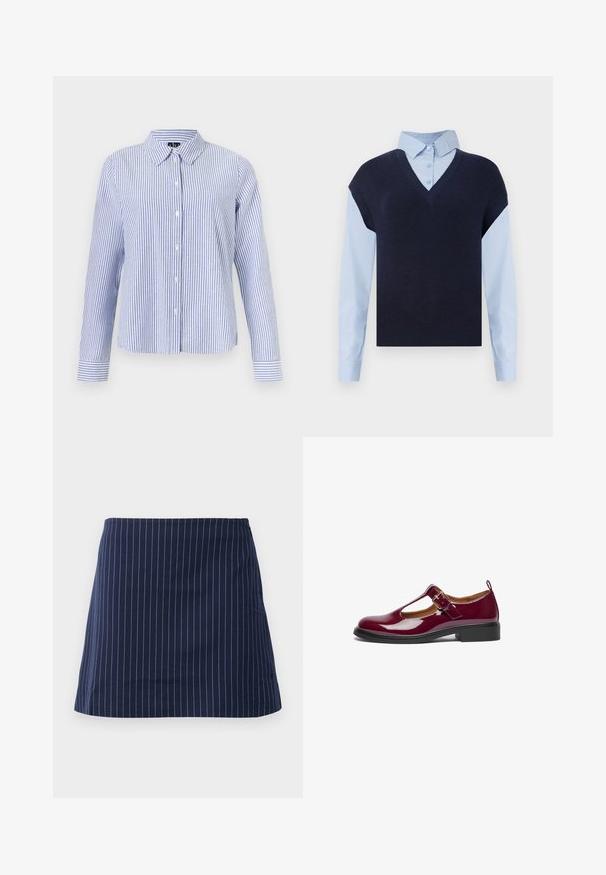Gilet en tricot bleu marine à col en V sur une chemise boutonnée bleu clair. Il présente des manches courtes et une texture lisse, avec des matières contrastantes.; Chemise à manches longues boutonnée, avec des rayures verticales blanches et bleu clair et un col pointu, présentée sur un fond uni.; Jupe bleu marine avec de fines rayures verticales blanches et une coupe droite au-dessus du genou, présentée sur un fond blanc uni.; Chaussure Mary Jane en cuir verni bourgogne avec un bout arrondi, une bride T, une boucle ajustable et un petit talon carré. Texture lisse et design simple.