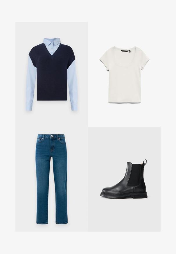Gilet en tricot bleu marine à col en V sur une chemise boutonnée bleu clair. Il présente des manches courtes et une texture lisse, avec des matières contrastantes.; Haut blanc en maille côtelée à manches courtes avec encolure arrondie, étiquette de marque noire visible à l'intérieur du col, posé à plat sur fond blanc.; Jeans en denim droits bleu avec cinq poches, fermeture à bouton et fermeture éclair, et passants de ceinture, présentés sur un fond blanc.; Bottines Chelsea en cuir noir avec des panneaux latéraux élastiques, bout arrondi et semelle en caoutchouc noir texturé. Dispose d'une languette pour un enfilage facile.