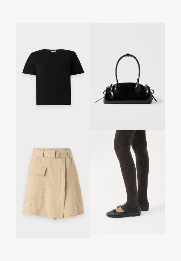 T-shirt noir à manches courtes en coton. Présente un col rond et une coupe décontractée. Design uni sans motifs ni accents.; Jupe en coton beige avec une poche latérale, taille ceinturée avec un anneau argenté, et une légère silhouette en A. Texture lisse et design simple.; Jambes portant des leggings côtelés foncés associés à des ballerines noires avec de petits détails en nœud sur fond blanc.; Petit sac à main noir brillant avec deux longues anses et des détails à cordon sur les côtés sur un fond clair uni.