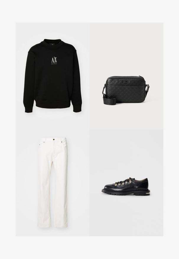 Sorte sweatshirt lavet af blødt stof, med rund hals, ribbede manchetter og et hvidt logo på brystet. Enkel og uprydet design.; Hvide denim jeans med lige ben-design, der har fem-lomme-stil, en metalknaplukning og minimale syninger.; Sorte læder lavskårne sko med tyk sål, metaløjer, dekorative sølv charms på snørebåndene, og tekstureret mønster på sålen.; Sort tekstureret crossover-taske med prægede geometriske mønstre og justerbar rem med brandlogo.