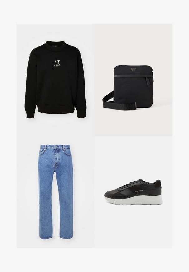 Schwarzer Pullover aus weichem Stoff, mit Rundhalsausschnitt, gerippte Bündchen und einem weißen Logo auf der Brust. Einfaches und unauffälliges Design.; Won Hundred STEVE - Jeans Relaxed Fit - cut blue; Schwarze Ledersneaker mit Wildlederdetails, runde Zehenform, weiße Gummisohle und gestickte Verzierungen. Logo seitlich aufgedruckt. Klassisches Schnürdesign.; Schwarze quadratische Schultertasche mit Reißverschluss, Vordertasche und verstellbarem Riemen mit eingeprägtem Markennamen.