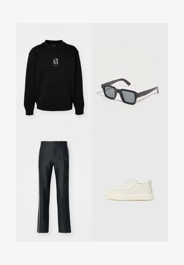 Sudadera negra de tejido suave, con cuello redondo, puños acanalados y un logo blanco en el pecho. Diseño simple y sin adornos.; Pantalones de satén negros con corte ajustado, que presentan franjas laterales blancas. Diseñados con una pierna acampanada y pliegues frontales para un detalle adicional.; Zapatilla slip-on en material texturizado color blanco roto con una suela gruesa y estriada. Presenta costuras mínimas y un sutil acento azul claro.; Gafas de sol rectangulares negras con lentes tintados oscuros y patillas gruesas, descansando sobre una superficie gris claro.