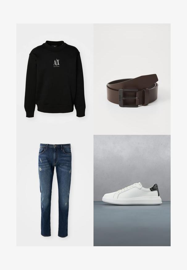 Sorte sweatshirt lavet af blødt stof, med rund hals, ribbede manchetter og et hvidt logo på brystet. Enkel og uprydet design.; Mørkeblå denimjeans med slim fit, let slid på lår og knæ, klassisk fem-lomme design og knaplukning.; Hvide sneakers med en glat læderoverdel og en kontrasterende sort hælaccents. Har flade snørebånd og en tekstureret gummisål.; Brun læderbælte med en rektangulær sort metalspænde, der har syninger langs kanterne og en glat tekstur.