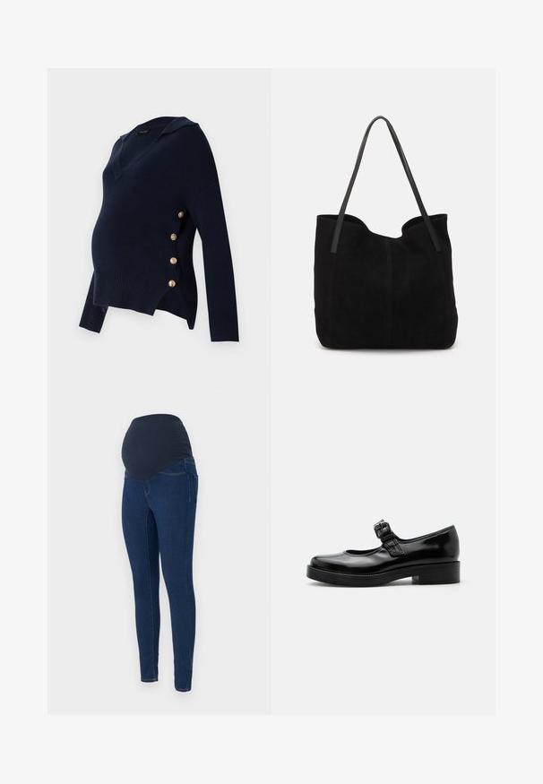 Suéter de maternidad azul marino con cuello en V, textura acanalada y detalles de botones dorados a lo largo del costado, que presenta un corte holgado y oversize.; Jeans de maternidad en denim azul oscuro, con una cinturilla elástica oscura y un diseño ajustado con bolsillos.; Zapato Mary Jane de charol negro con punta redondeada, tacón bajo de bloque y una correa ajustable con hebilla sobre el empeine.; Bolso de mano de ante negro con dos correas de cuero largas y planas. Presenta un borde superior curvado y costuras visibles en la parte frontal. Sin acentos de metal.
