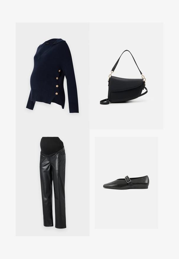 Pull de maternité bleu marine avec col en V, texture côtelée et accents de boutons dorés sur le côté, offrant une coupe décontractée et oversized.; Pantalons de maternité en simili cuir noir avec une ceinture élastique noire, présentant une coupe ajustée et une couleur unie neutre.; Chaussure plate en cuir noir avec un orteil pointu, présentant une sangle à boucle métallique sur le cou-de-pied et une semelle basse et flexible.; Sac à main en cuir noir avec une finition texturée, doté d'une seule bandoulière et d'accents en métal doré. Le design est élégant et minimaliste.