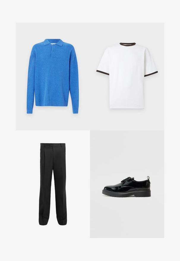Suéter polo de punto azul de manga larga con dos botones y puños y dobladillo acanalados, exhibido sobre un fondo blanco liso.; Camiseta blanca de manga corta con ribete negro en el cuello y los bordes de las mangas, mostrada sobre un fondo liso.; Pantalones negros con un diseño de pierna recta, que presentan pliegues, un cierre de un solo botón y trabillas para cinturón. Fabricados con una tela suave.; Zapato de charol negro con cordones, suela de goma gruesa y tira en el talón, mostrado desde el lado interno sobre un fondo blanco.